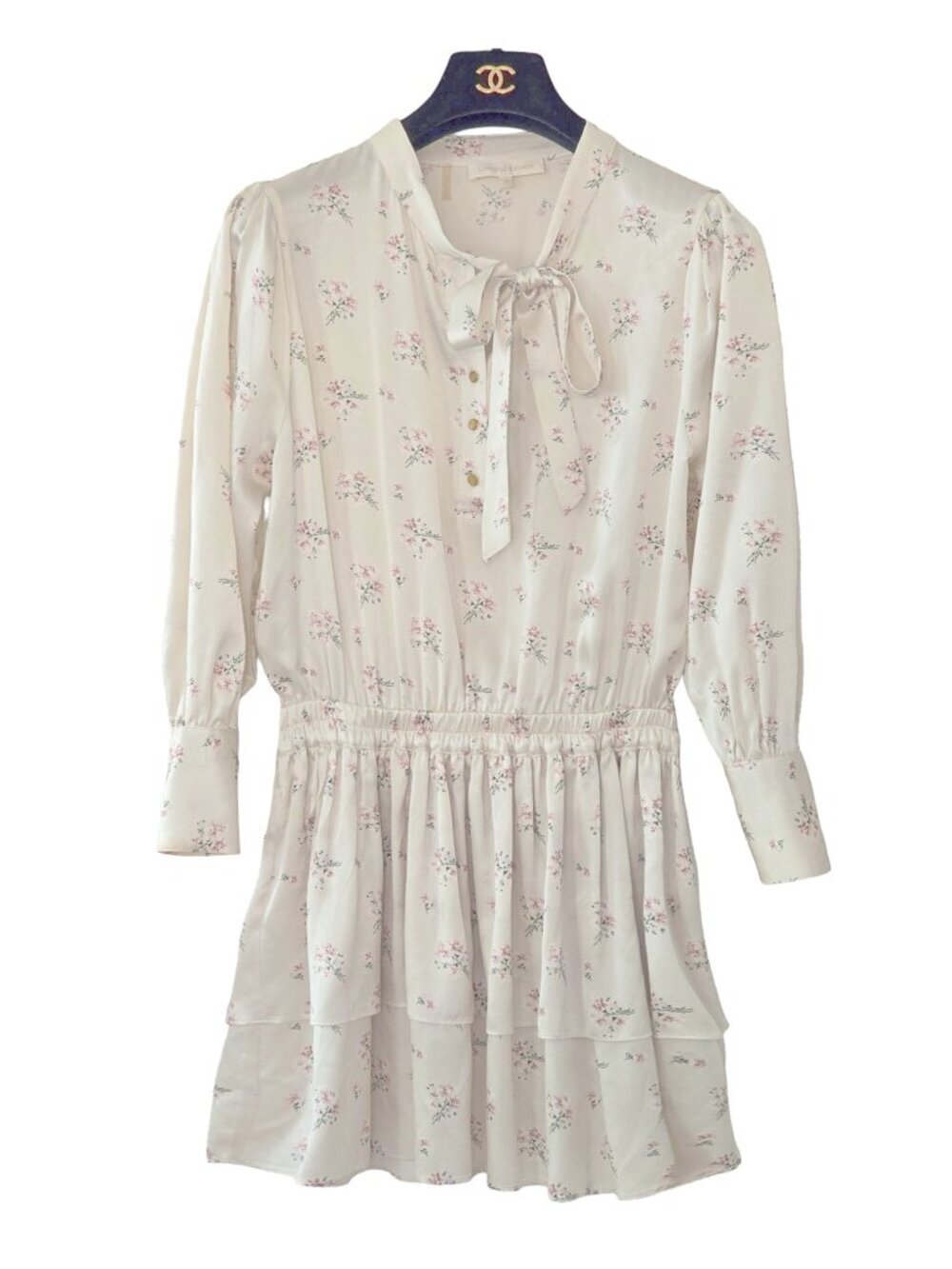 LoveShackFancy Popover Mini Dress Size S 100% Silk Floral Tie Neck Cottage Core
